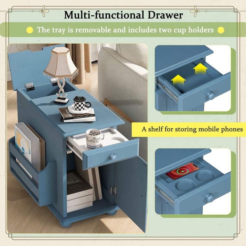 Retro Flip-Top End Table – USB Ports, Cup Holder Drawer & Bookshelf, Ideal for Small Spaces.