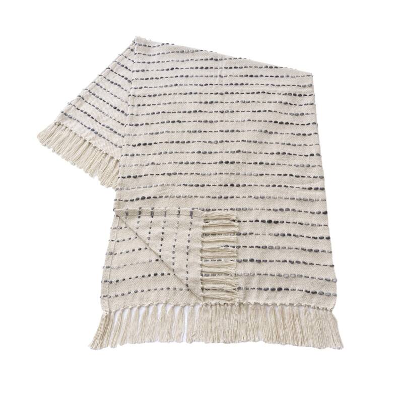 HomeRoots 50" X 60" White And Navy Blue Cotton Blend Woven Striped Throw Blanket with Fringe