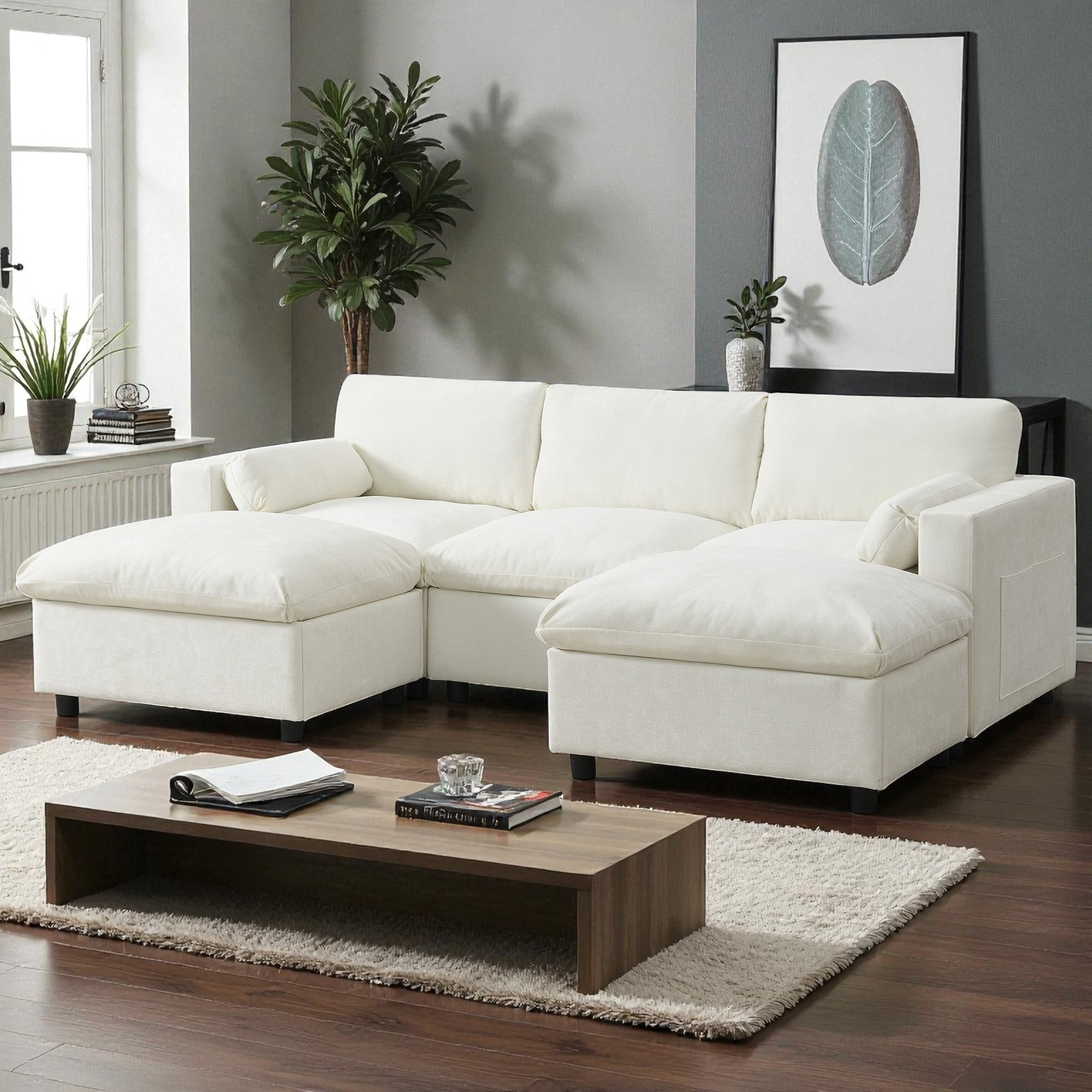 86.5" Chenille Modular Sectional Sofa 5-Seat U-Shaped Couch with 2 Ottomans Storage Pockets and Pillows for Living Room