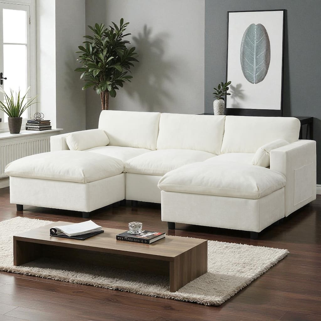 86.5" Chenille Modular Sectional Sofa 5-Seat U-Shaped Couch with 2 Ottomans Storage Pockets and Pillows for Living Room