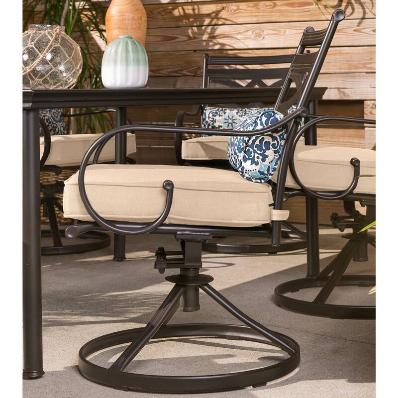 Hanover Montclair 11-Piece Dining Set in Tan with 10 Swivel Rockers and a 60-In. x 84-In. Table