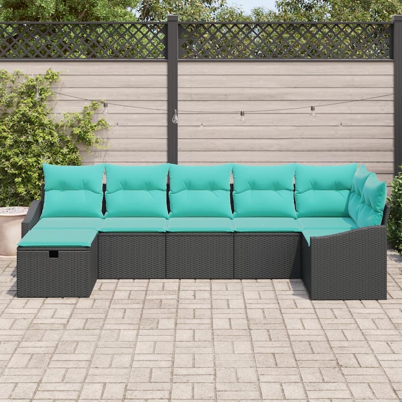 vidaXL 7/8 Garden Sofa Set with Cushions Black/Brown/Grey Poly Rattan - 113.6 x 48.6 x 27.2