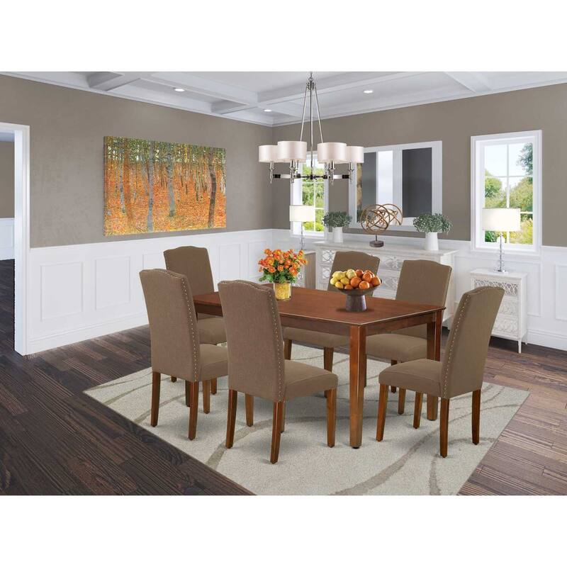 HomeStock 7-Piece Rectangle Mahogany Finish Solid Wood Top Dining Table with 6 Parson-Chairs with Lattice Back