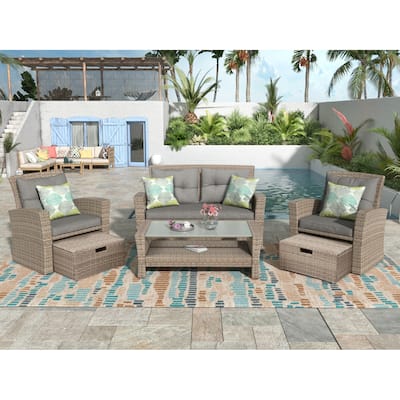 4 Pcs Patio Furniture Set, All Weather Outdoor Conversation Set, Wicker Sectional Sofa with Ottoman and Cushions