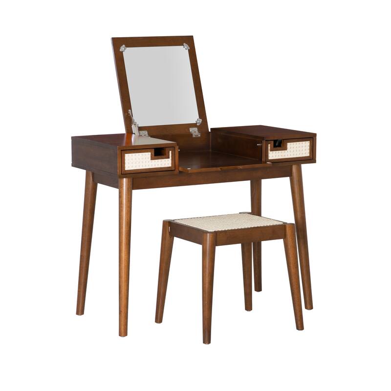 Chantal Wood 2 Cane Drawer Vanity with Stool