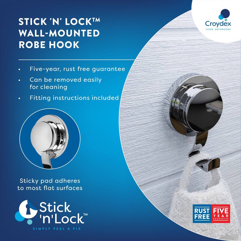 Croydex Stick 'n' Lock Chrome Bathroom Robe and Towel Hook