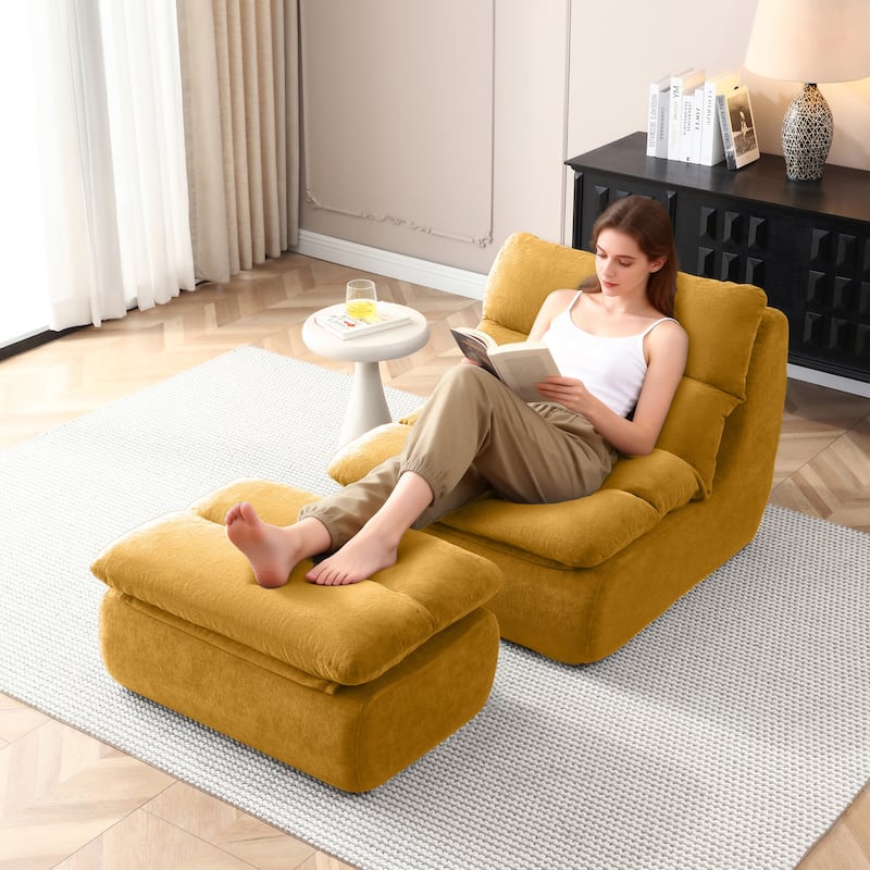 32"Bean Bag Chair with Ottoman, Big Chaise Lounge Chairs for Adults,Tufted Upholstered Lazy Sofa