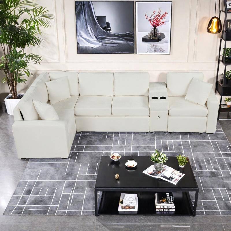 120.5" Chenille L-Shaped Convertible Sofa Bed with Pull-Out Bed, Storage Ottoman & Cup Holders