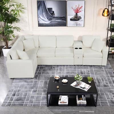 120.5" Chenille L-Shaped Convertible Sofa Bed with Pull-Out Bed, Storage Ottoman & Cup Holders