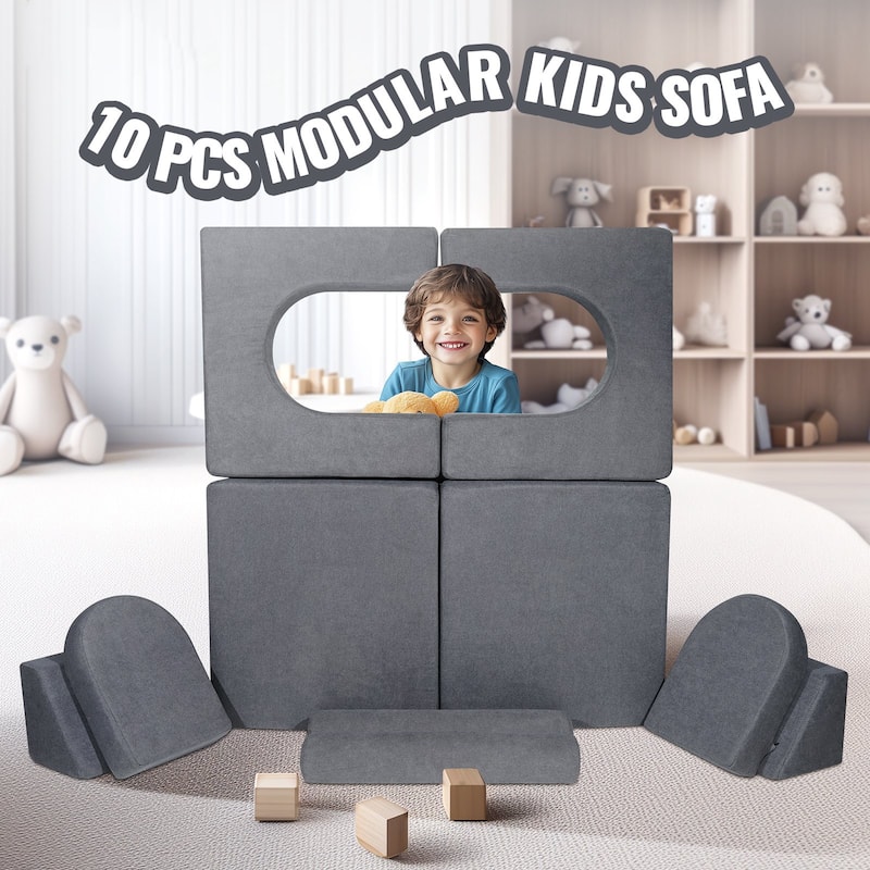Grey Chenille Fabric Modular Kids Play Couch with Foam Cushions and Safe Zippers - 43.31” L x 23.62” W x 15.75” H