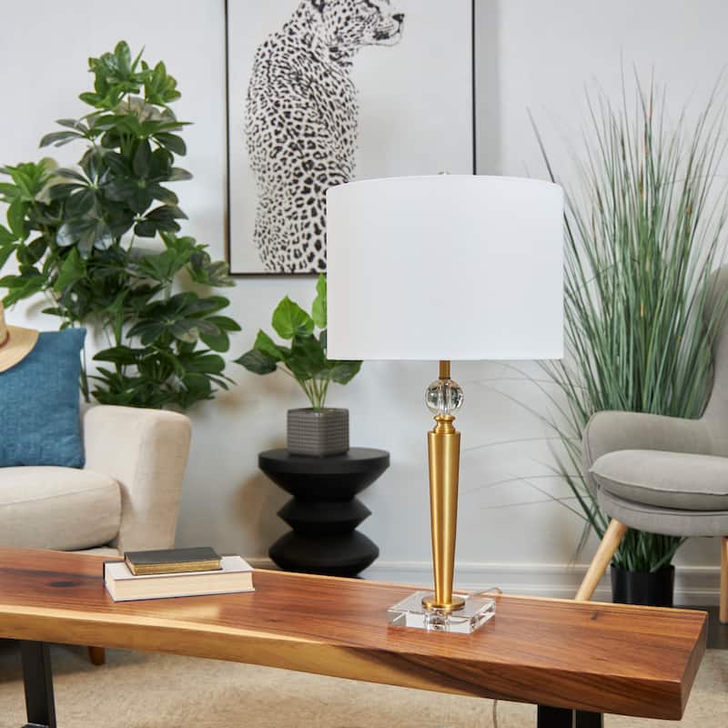 Gold Metal Inverted Cone Shaped Accent Lamp with Glass Ball Accent and Square Base