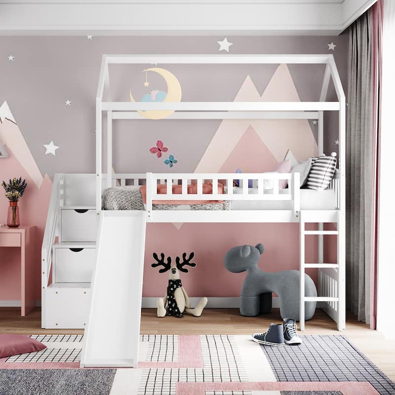 Multifunctional Twin Loft Bed with Playhouse Design, Slide, and Storage Steps