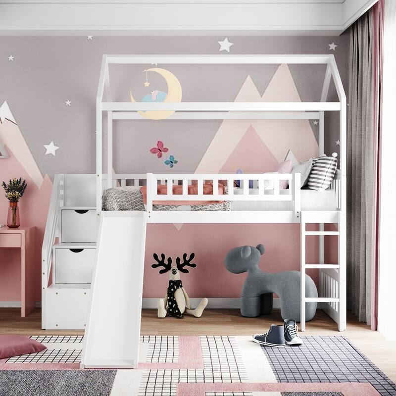 Twin Loft Bed with Slide, Storage Drawers, and Playhouse Design