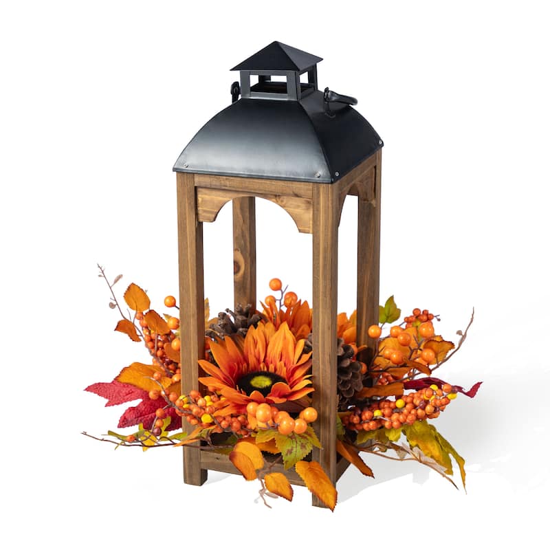 Glitzhome 20"H Fall Pumpkin Sunflower Pine Cone Wooden Hanging Lantern Table Centerpiece
