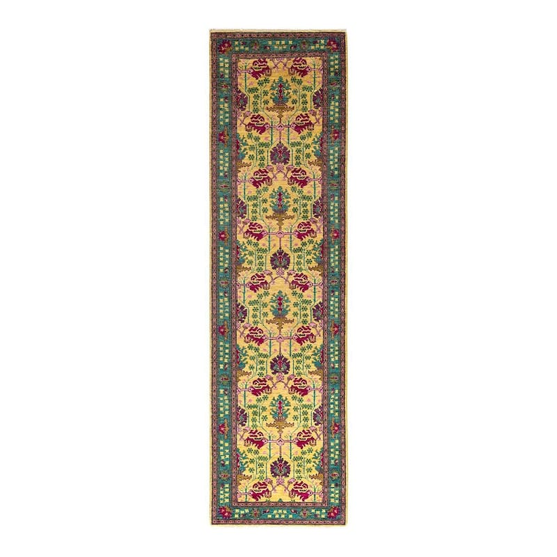 Overton Hand Knotted Wool Vintage Inspired Modern Contemporary Arts & Crafts Yellow Runner Rug - 2' 7" x 9' 8"