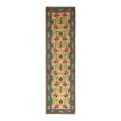 Overton Hand Knotted Wool Vintage Inspired Modern Contemporary Arts & Crafts Yellow Runner Rug - 2' 7" x 9' 8"