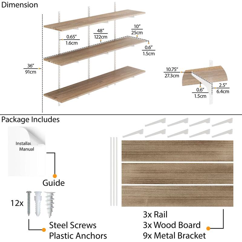Wallniture Turin 48" Wall Mounted Shelves with Adjustable Brackets, Floating Bookshelves for Office & Living Room, 2,3 or 4 Tier