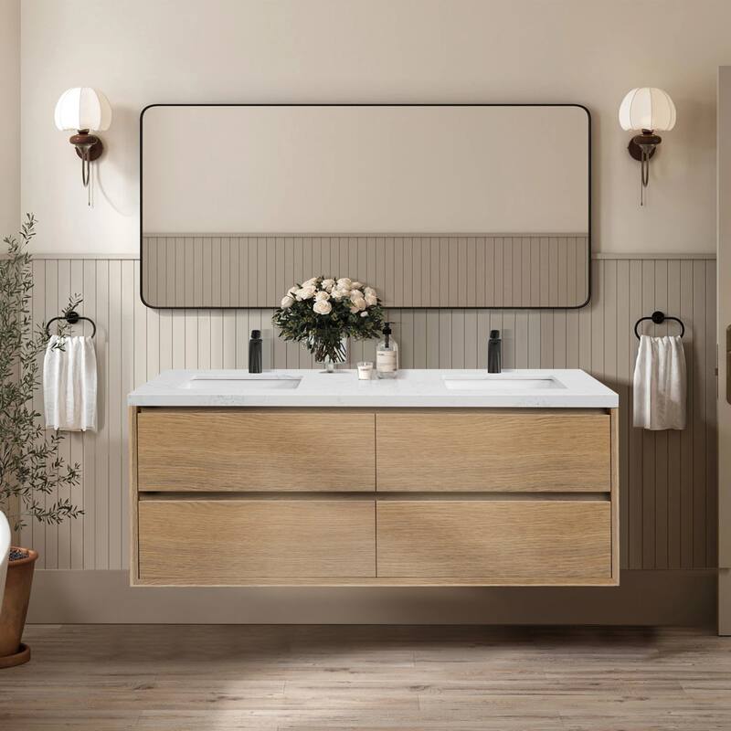 NebulaSky 60/ 72/ 84 in Wall Mounted Double Sink Bathroom Vanity with Engineered Stone Top Combo Cabinet Vanity Set
