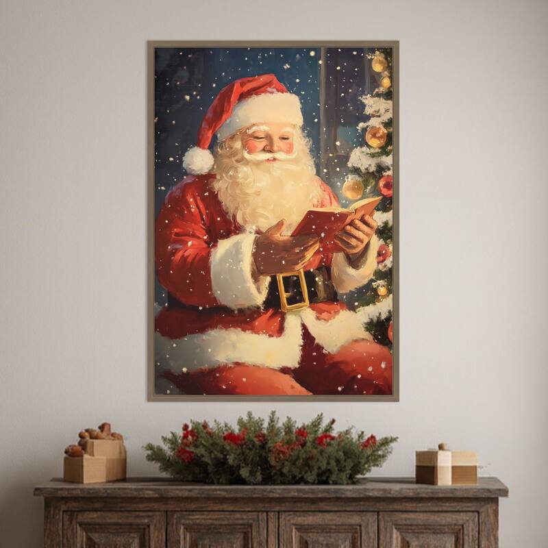 Santa Reading I by Melloi Art Prints (23 x 33 in.), Framed Canvas Wall Art Print - Sylvie Dark Gold