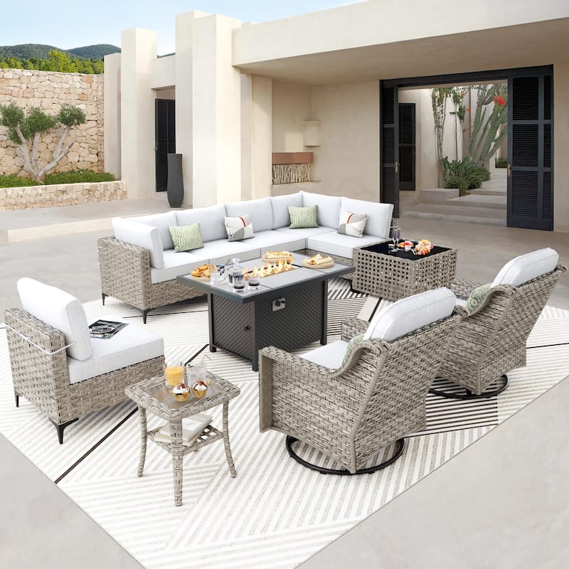 OVIOS 11 Pieces Outdoor Wicker Swivel Chair Set With Solar-Powered Coffee Table&Fire Pit - Light Gray