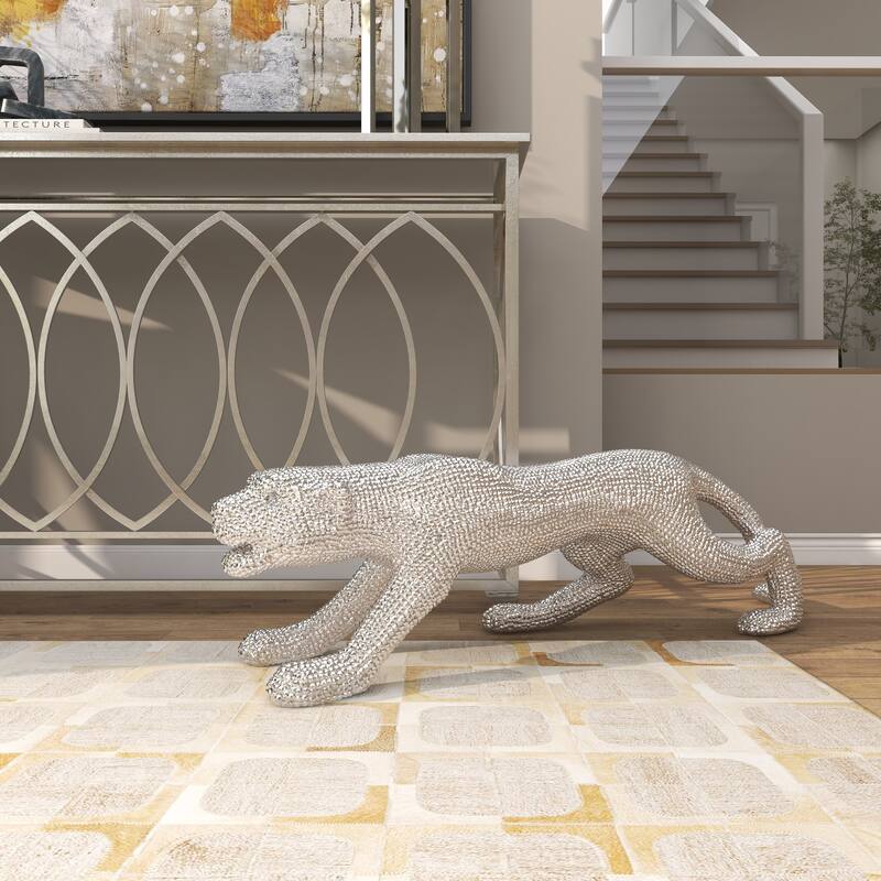 Polystone Leopard Floor Decorative Sculpture with Carved Faceted Diamond Exterior - Silver or Black - Roche River Decor