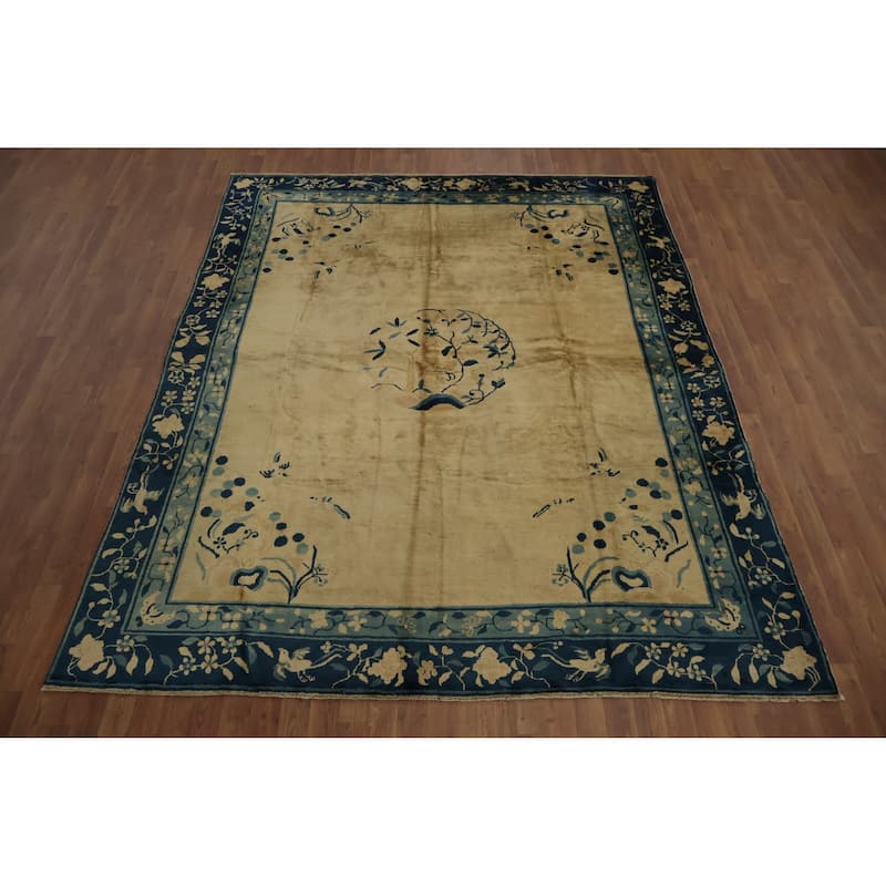 Hand Knotted Oriental 100% Wool Carpet Traditional Floral Yellow & Gold Art Deco Area Rug - 9' 5'' X 7' 5''