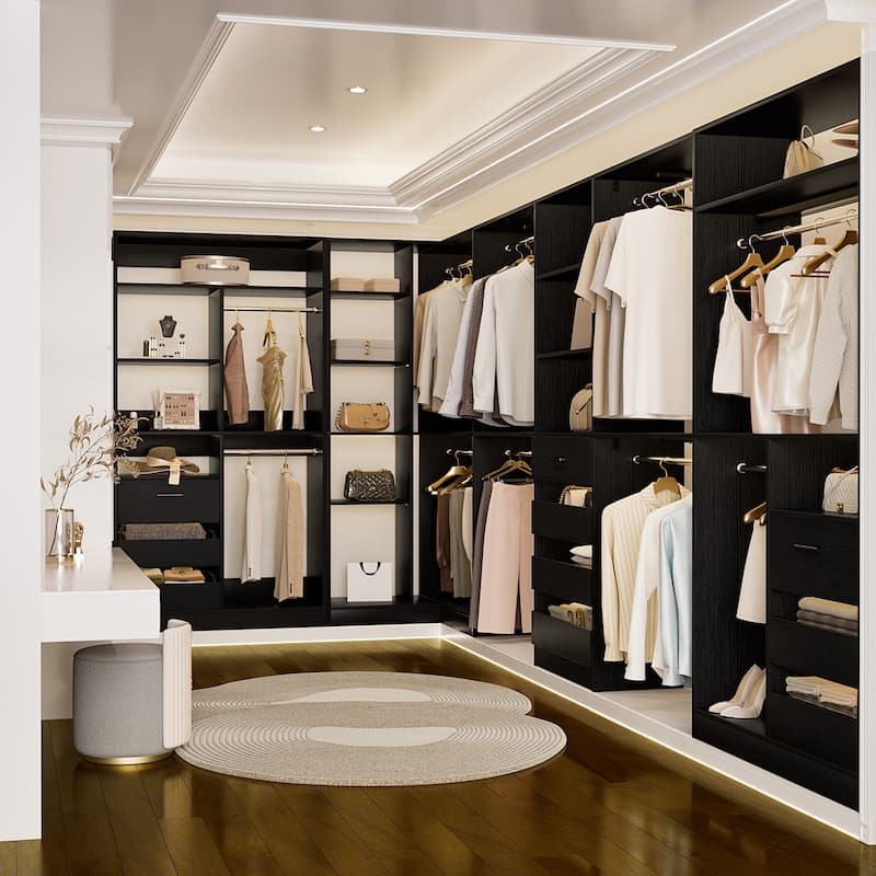 Qvella 72''-204'' Corner Closet System with 10 Wooden Drawers and 10 Hanging Rods, Walk-in Closet Organizer Wardrobe Rack