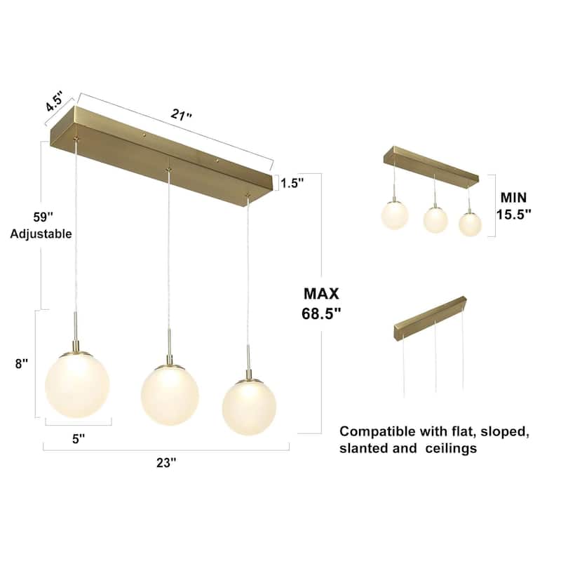 Modern 3-Light Gold LED Chandelier Linear Glass Island Lights for Dining Room - 23 “