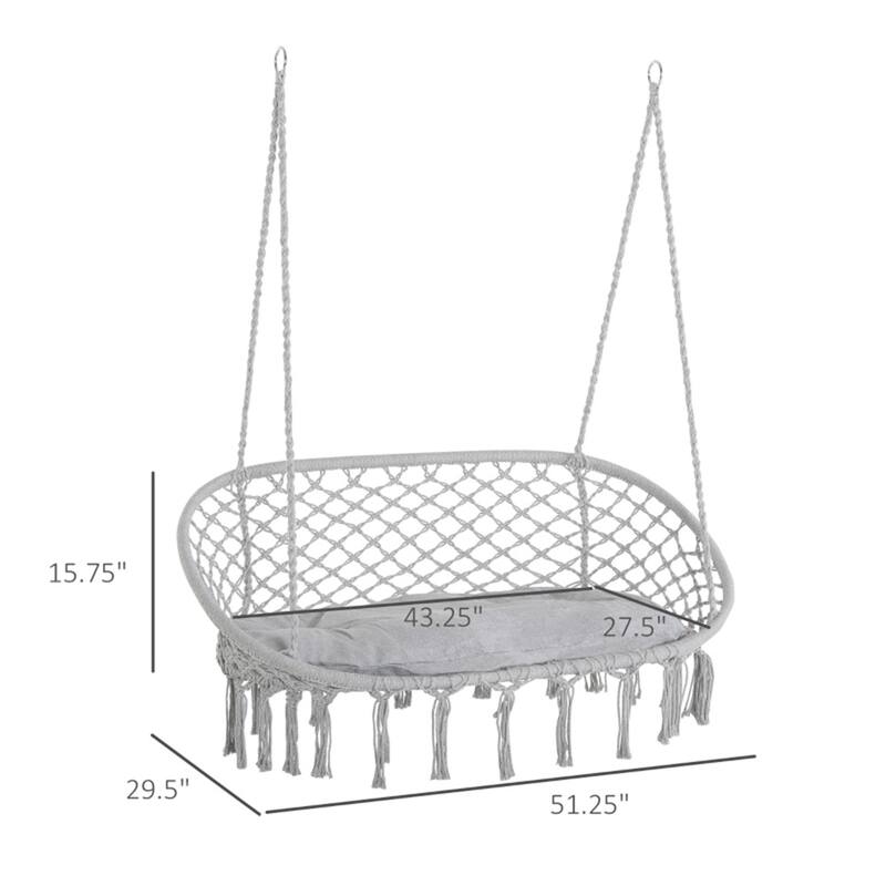 2 Person Hammock Hanging Seat Swing Chair with Macrame Net Design and Cushion for Patio or Balcony