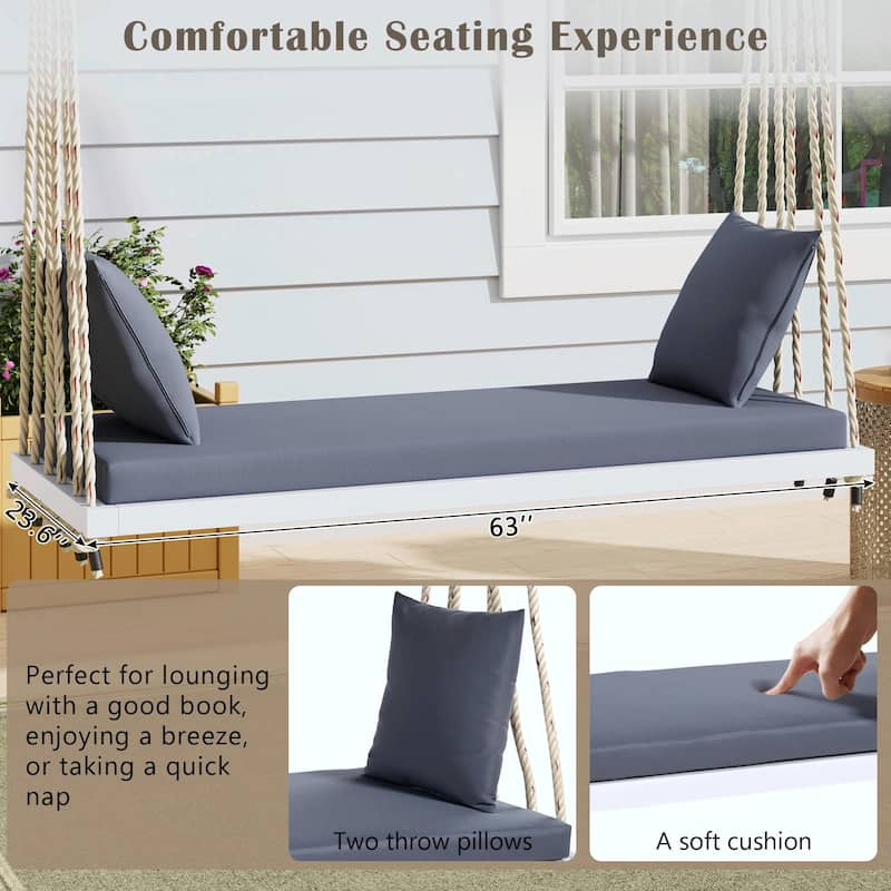 Patio Wooden Swing Chair, Hanging Porch Swing Bench with Cushion & Pillows, 10.8Ft Hemp Ropes
