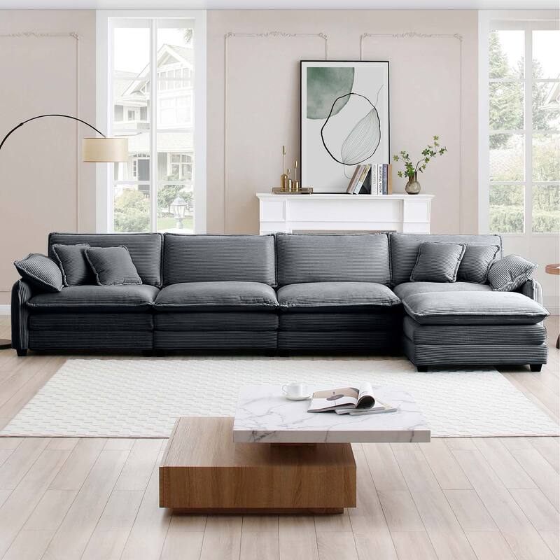 5-piece Oversized Corduroy Upholstered L-Shaped Modular Sectional Sofa with Removable Ottoman and Free Combination