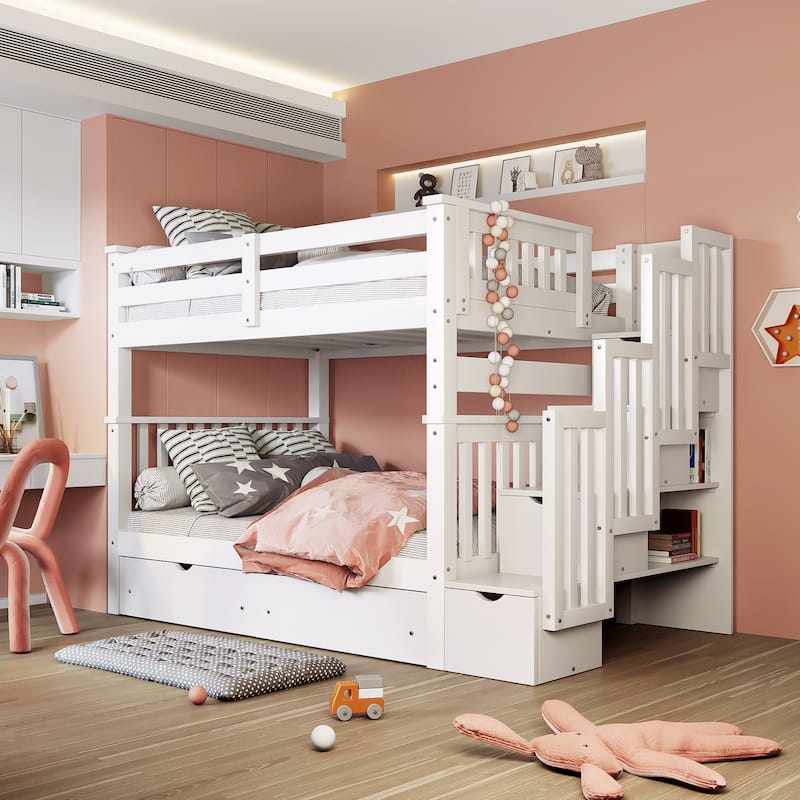 Full Over Full Bunk Bed with Shelves and 6 Drawers, White - White