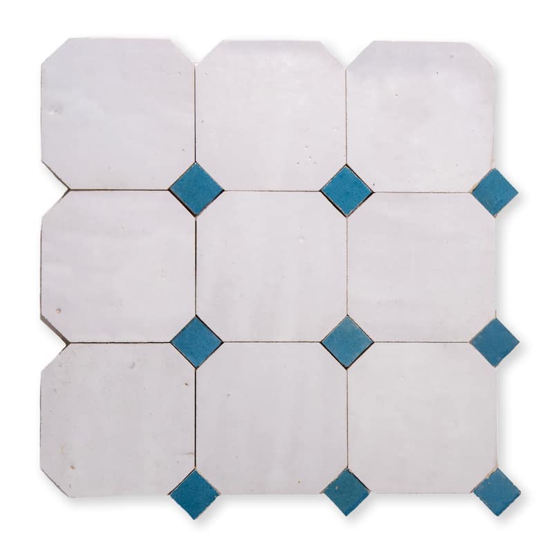 Contemporary Zellige Panels, 12" X 12" X 1/2", White - Maya blue Accents - Samplepiece