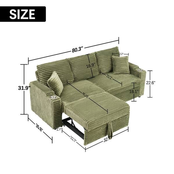 dimension image slide 2 of 6, 80.3" L Shaped Couch with Pull Out Bed Corduroy Sleeper Sofa Bed Convertible Sectional Couches with Cup Holder for Living Room