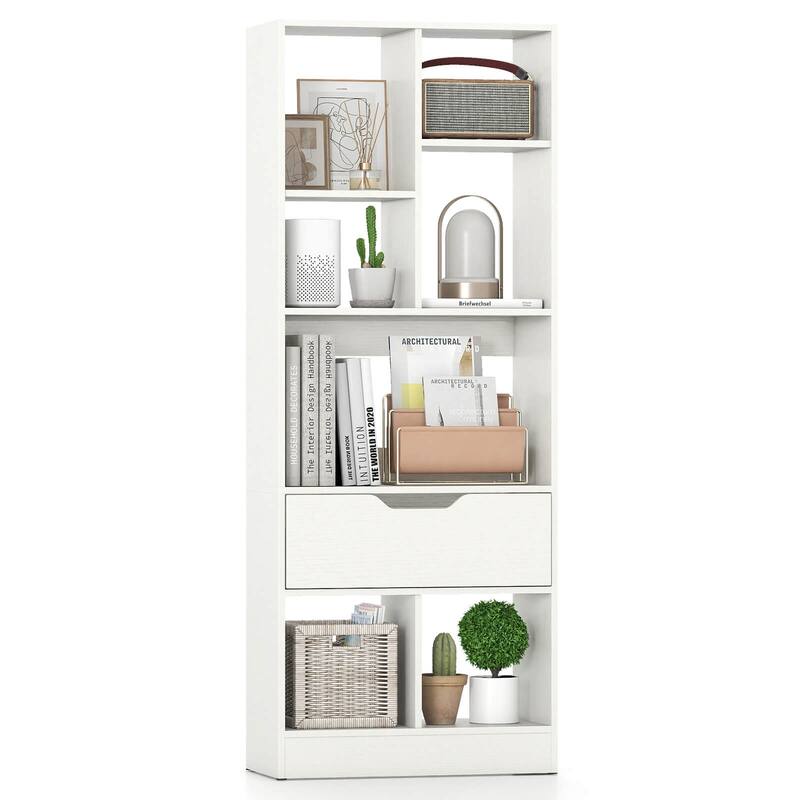 Costway 1 PCS 51” Tall Bookcase with Drawer 7 Open Cubes Anti-toppling - See Details - White-1 PCS
