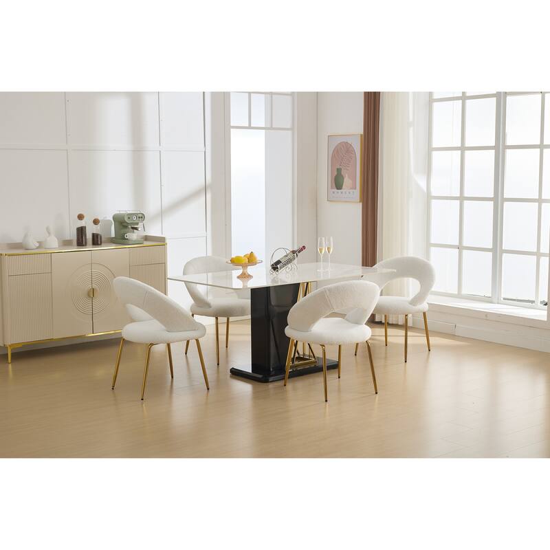 Set of 1 Teddy Fabric Dining Chairs With Curved Backrest and Golden Metal Legs for Kitchen or Dining Room ,White