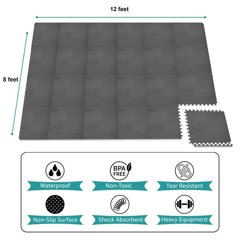 Sorbus 96 Sq. Ft. Wood Grain Floor Tiles Foam Mat EVA Interlocking Mats Tile 3/8-Inch Thick Exercise Mats w/Borders