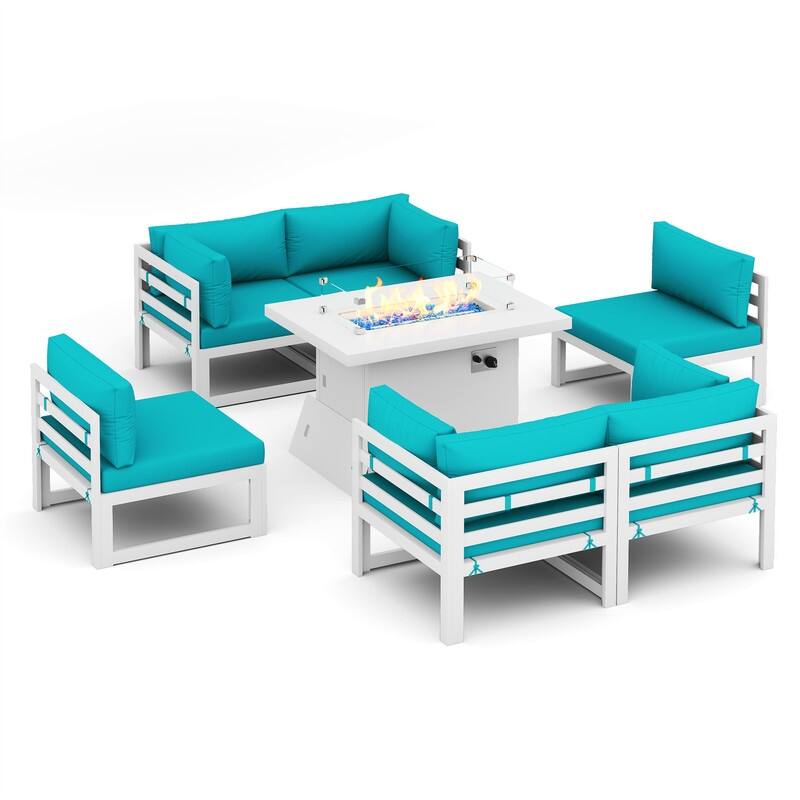 FINCATI Modern 7 Piece White Aluminum Outdoor Furniture Set with Propane/Natural Gas Firepit Table