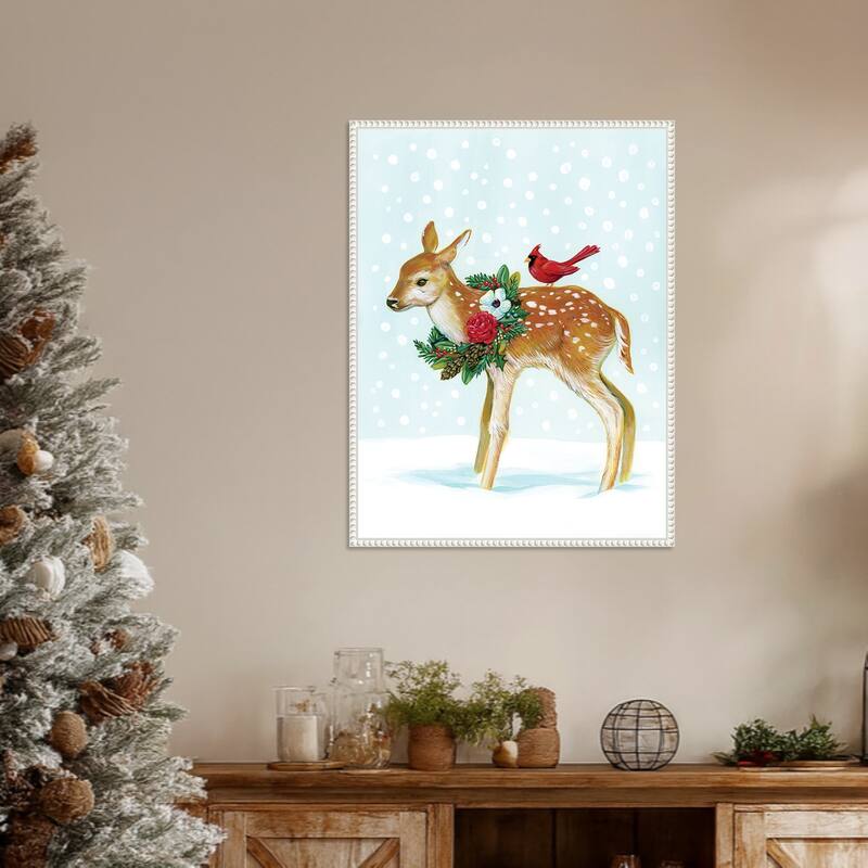 Winter Woodland Creatures with Cardinals II by Laura Marr (23 x 30 in.), Framed Canvas Wall Art Print - Sylvie Beaded White