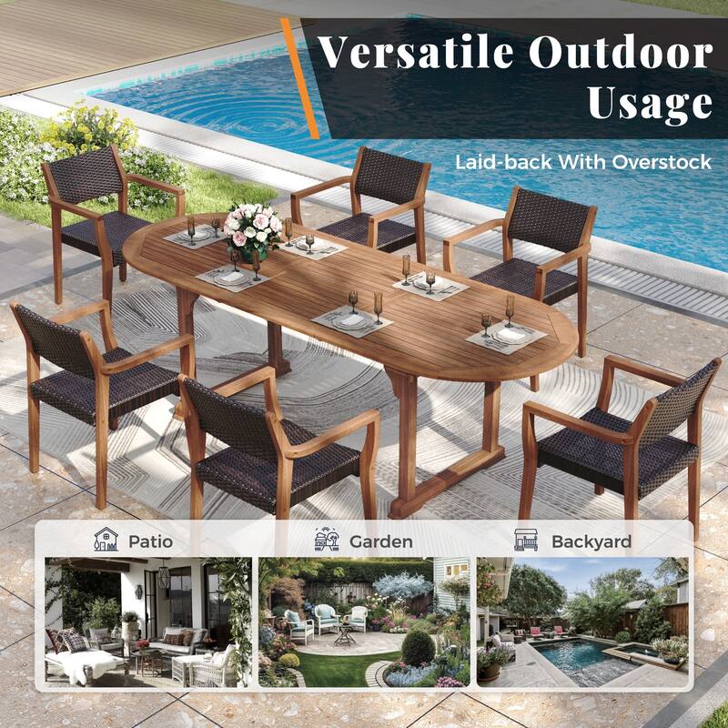 MAISON ARTS 7/9-Piece Acacia Wood Outdoor Dining Set for 6/8, Expandable Table with Wicker Chairs, Farmhouse Patio Furniture
