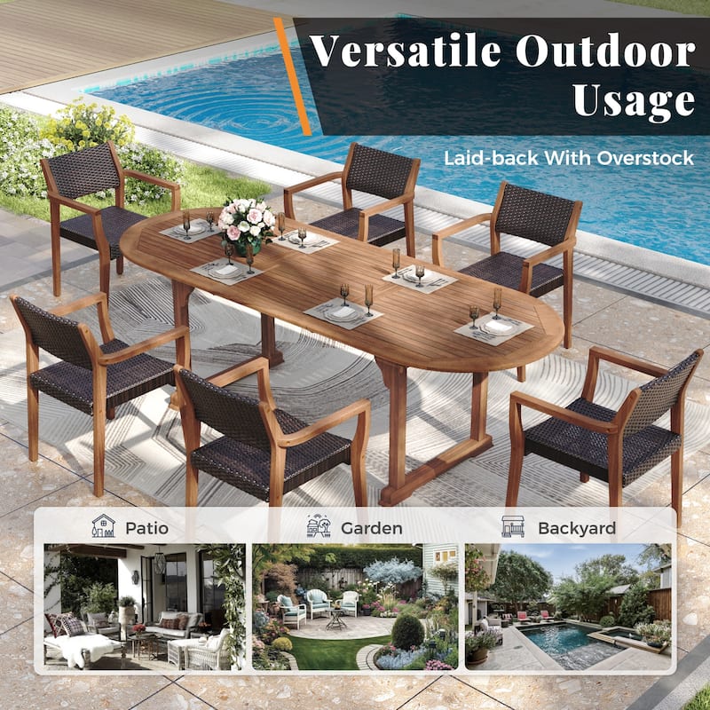 MAISON ARTS Acacia Wood Outdoor Dining Set, Expandable Table with Wicker Chairs, Farmhouse Patio Furniture