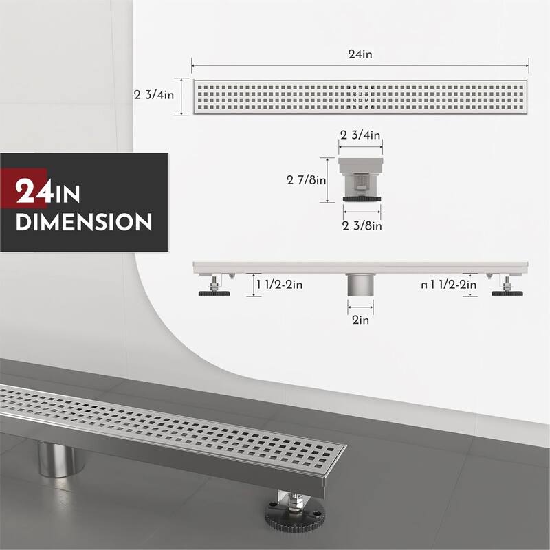 24-Inch Linear Shower Floor Drain, Square Hole Grate - 24 inch
