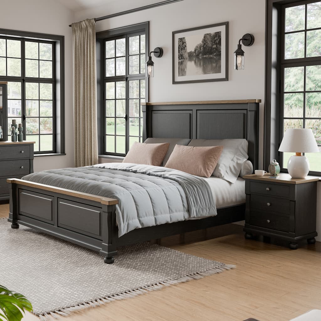 Furniture of America Lucan II Modern 2-Piece Farmhouse Black Solid Wood Queen Panel Bedroom Set