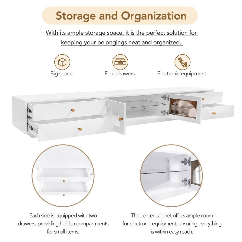 Modern Luxurious TV Stand, for TVs Up to 95'' with Fluted Glass Doors 2 Drawers and Tempered Glass Shelf, for Living Room, White