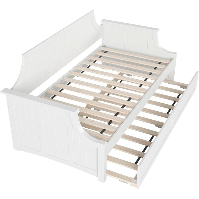 Twin Daybed with Trundle - Mid-Century Wood Daybed - White Finish -