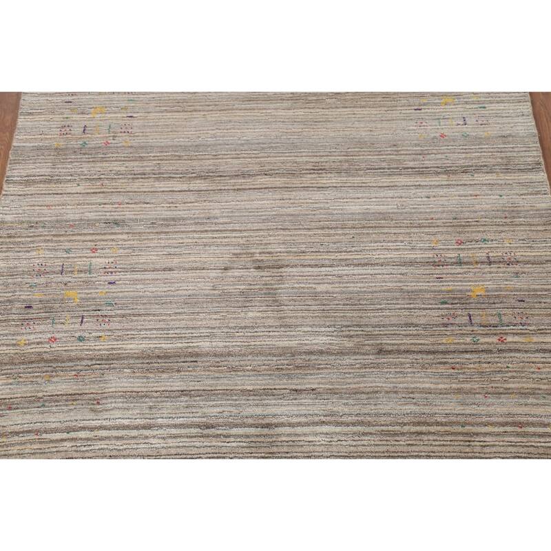 Striped Gabbeh Indian Area Rug Hand-Knotted Oriental Beige Wool Carpet - 4'11"x 7'11"