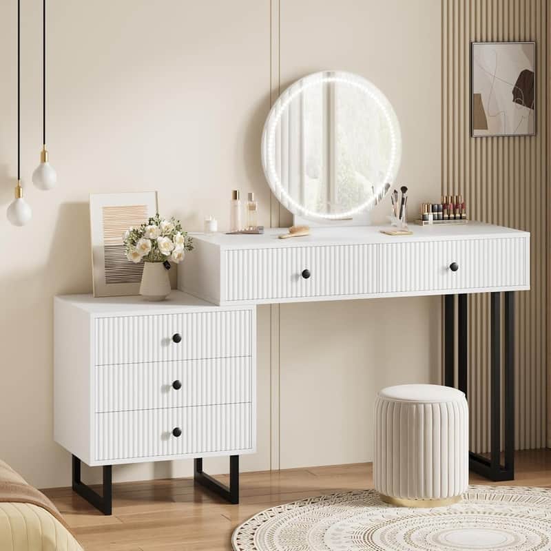 Modern Vanity Desk with LED Mirror, Adjustable Brightness Lights, 5 Drawers
