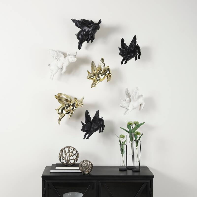 Hogbadi White Resin Flying Pigs Decorative Wall Accents, Set of 2