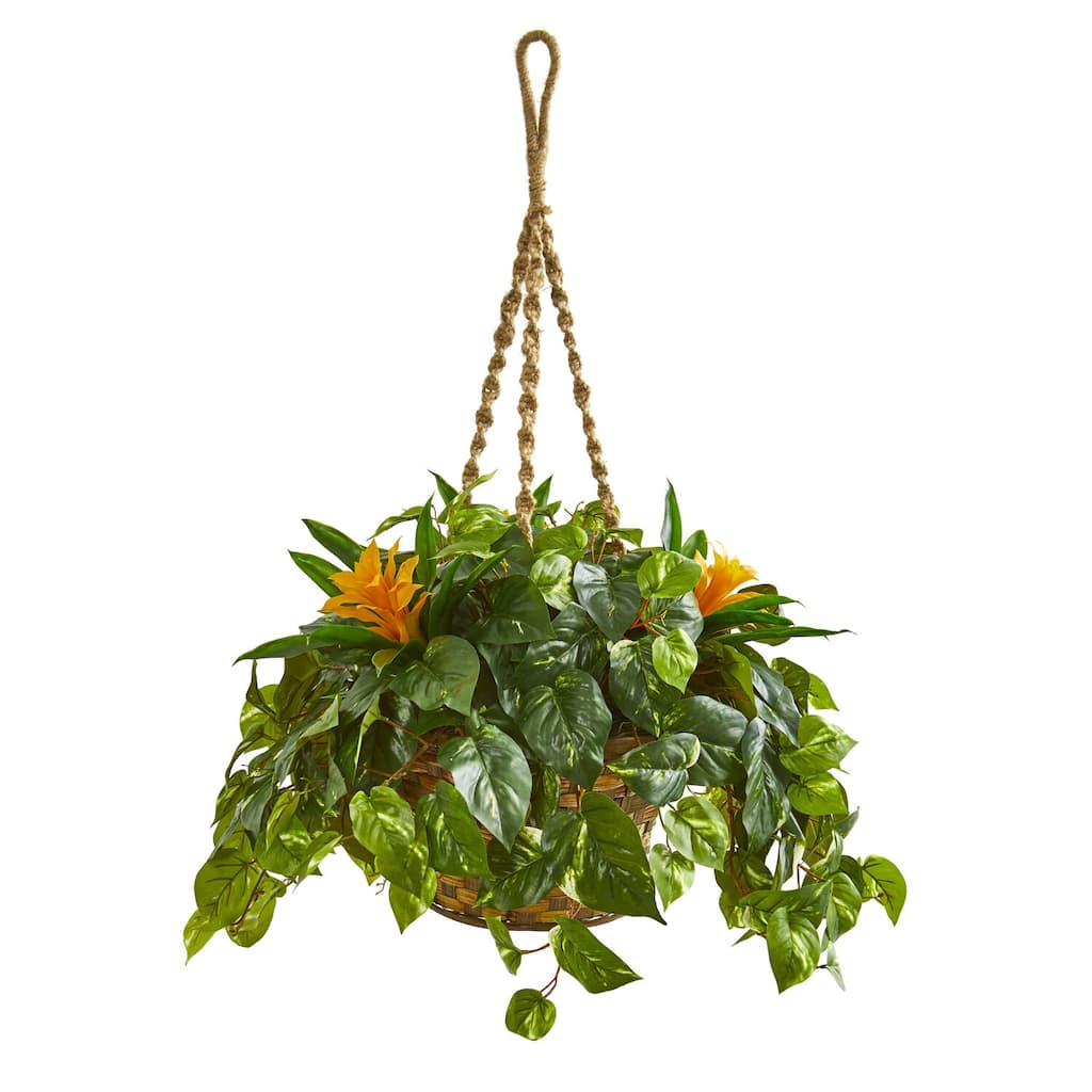 Artificial Hanging Plant - 31 Inch Pothos with Basket - Indoor Decor, Faux Greenery, Home Accent - Green