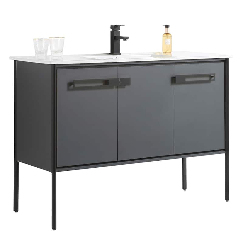 Fine Fixtures Oakville Bathroom Vanity with White Ceramic Sink - 48 Inch - Onix Grey - Black Hardware